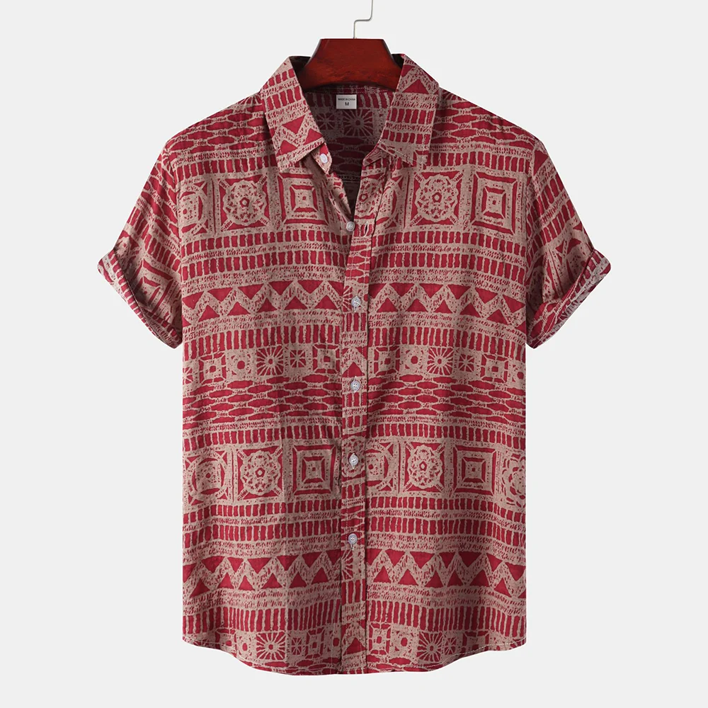 Smiledeer Men's Ethnic Print Short Sleeve Shirt