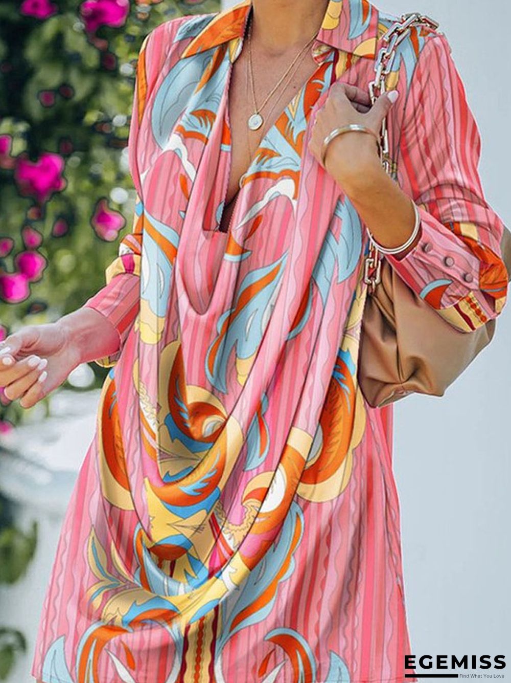 Fashion Printed Lapel Long Sleeve Casual Loose Dress | EGEMISS