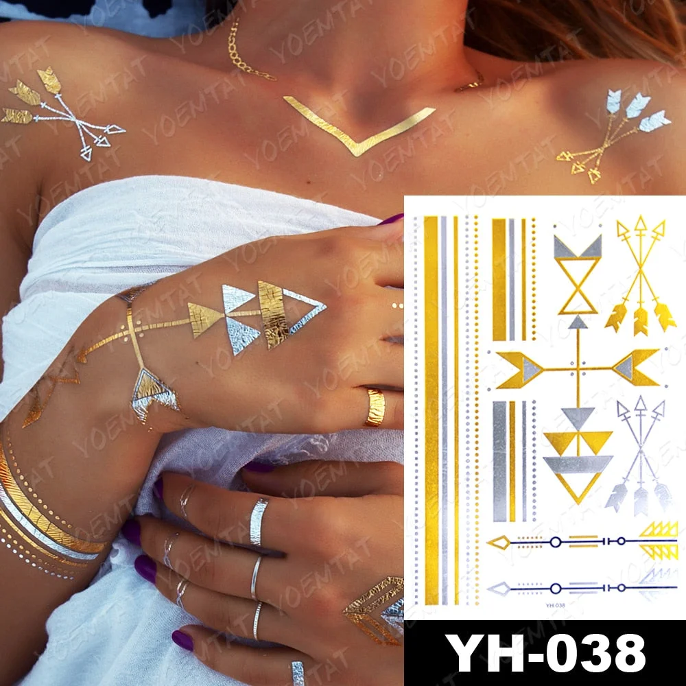 Waterproof Temporary Tattoo Sticker Gold Silver Henna Indian Hand Painted Glitter Tattoos Women Mandala Flower Feather Body Art