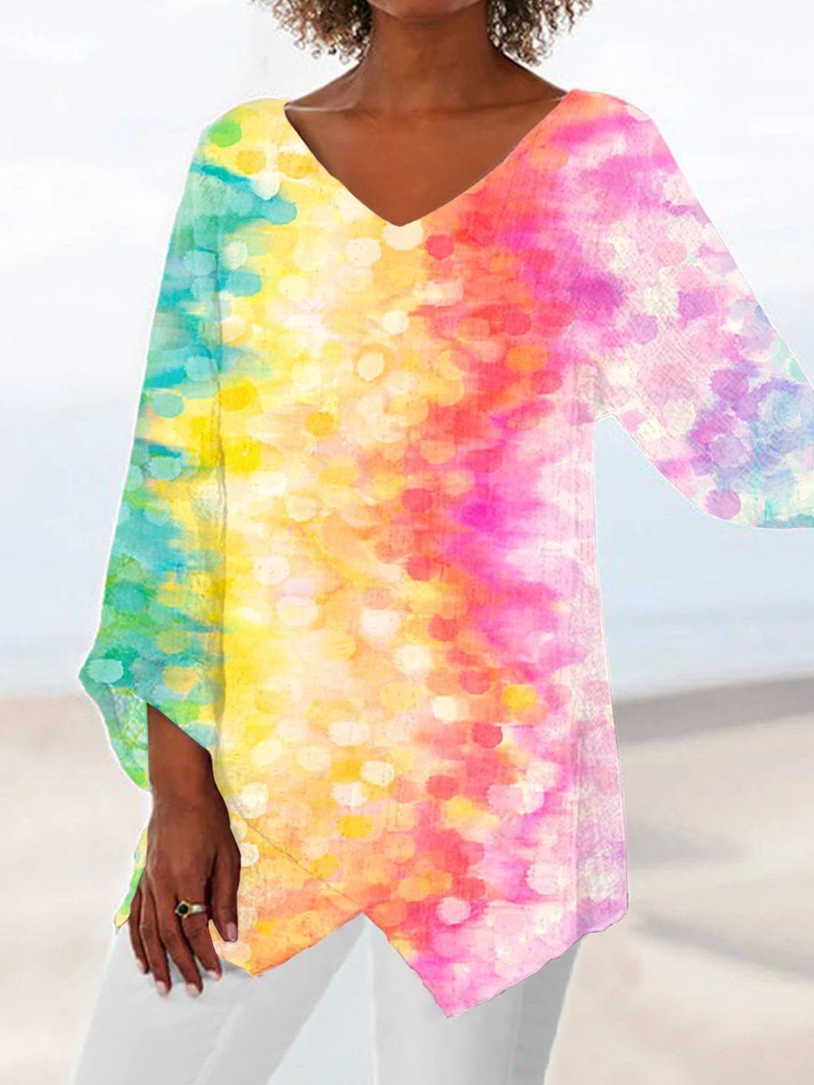 Women Asymmetrical 3/4 Sleeve V-neck Polka Dot Colorblock Top Dress