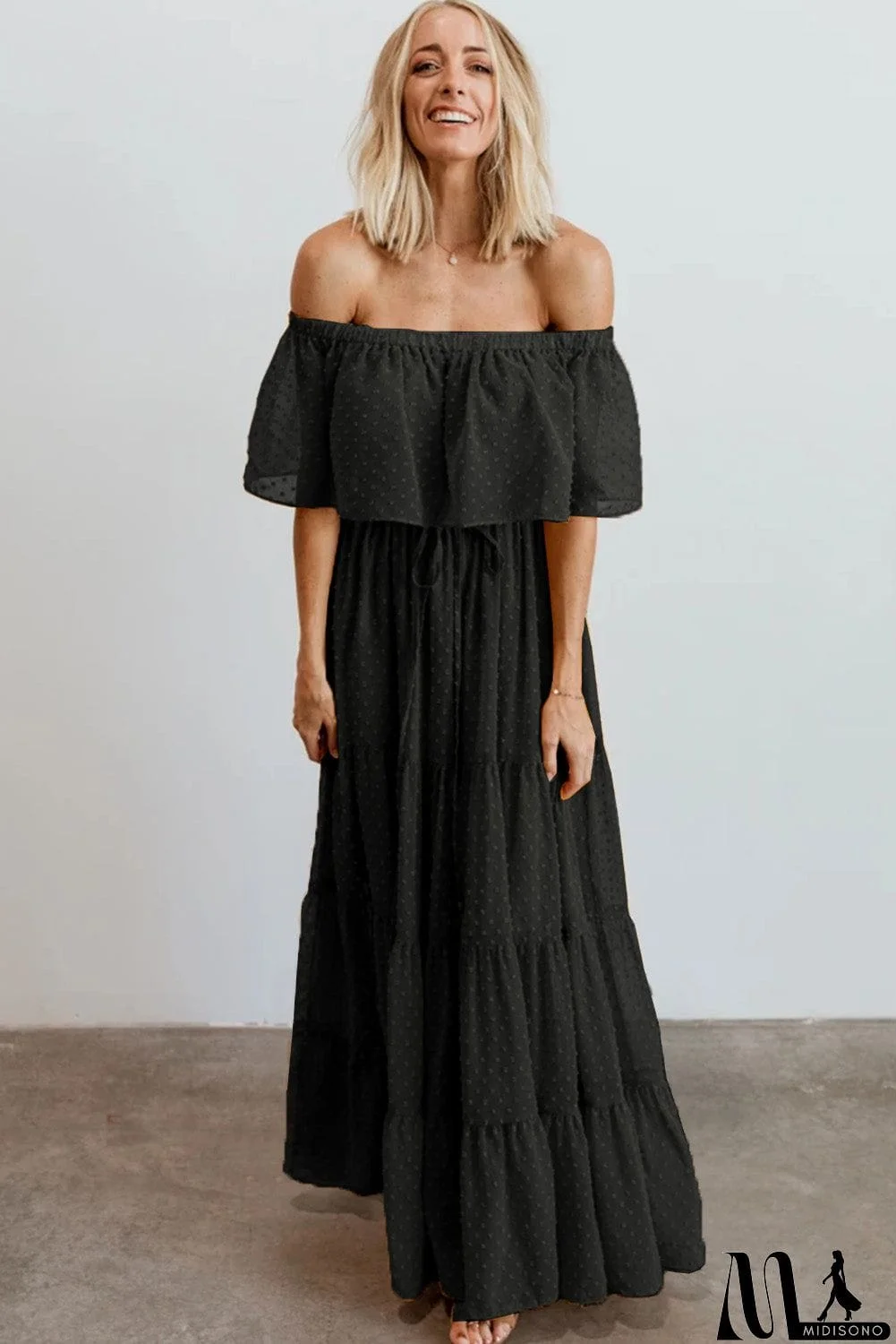 MidiSono - Rust Red Off Shoulder Ruffle Swiss Dot Maxi Dress