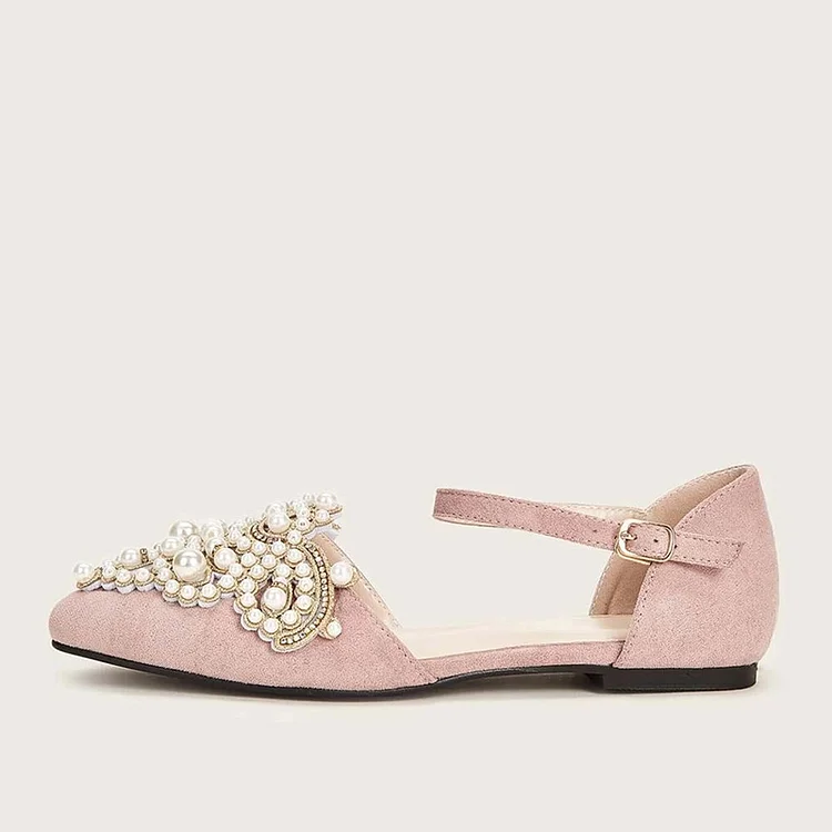 Pink Pointed Toe Flats with Jeweled Ankle Strap Vdcoo