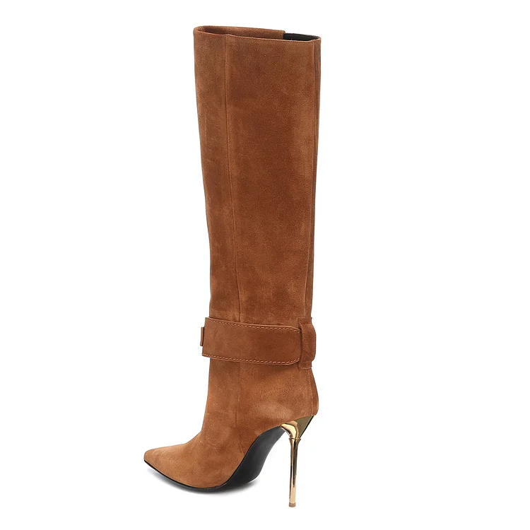 Tan Suede Calf-Length Stiletto Heel Fashion Boots for Fall Vdcoo