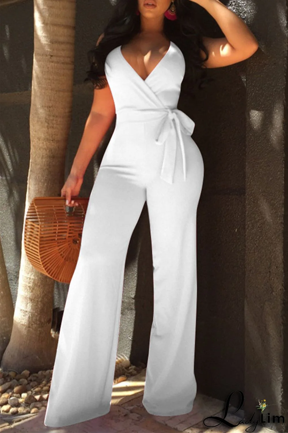 White Sexy Casual Solid Backless V Neck Regular Jumpsuits