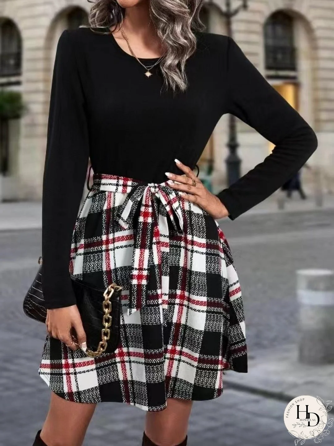 Tied Plaid Round Neck Long Sleeve Dress