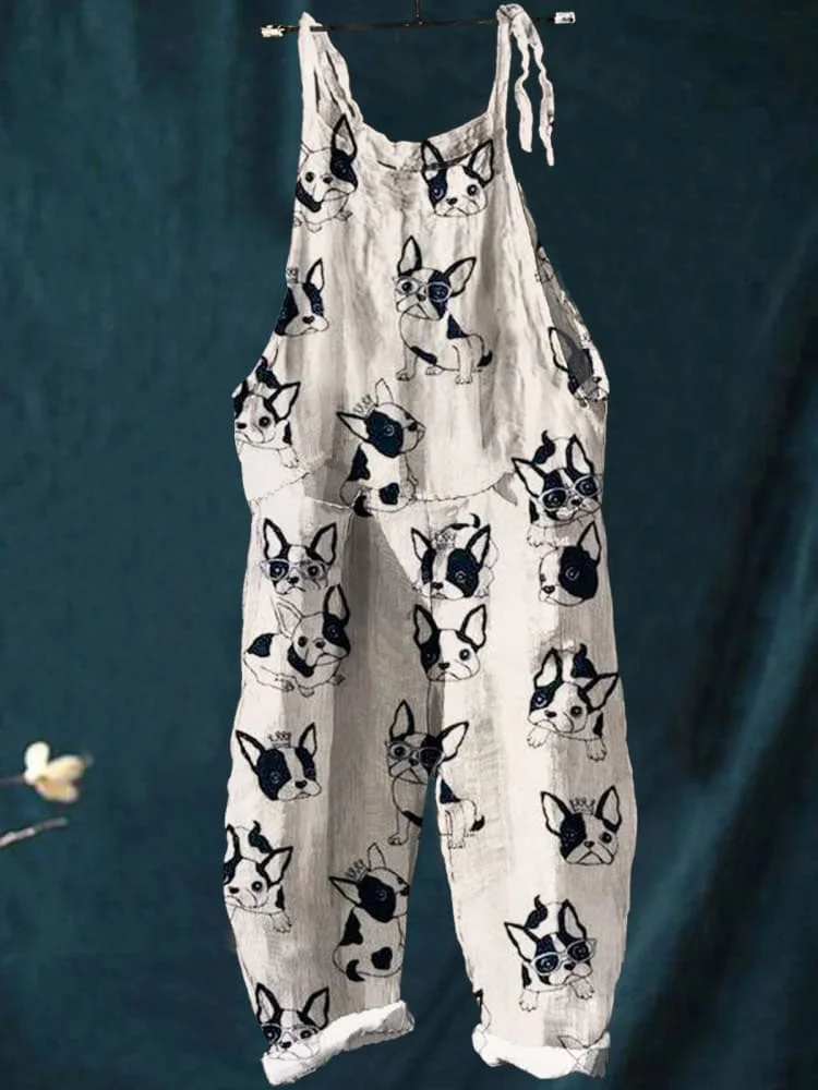 Women's   Dog  Art  Print Casual 100% Cotton Wide Leg Jumpsuit