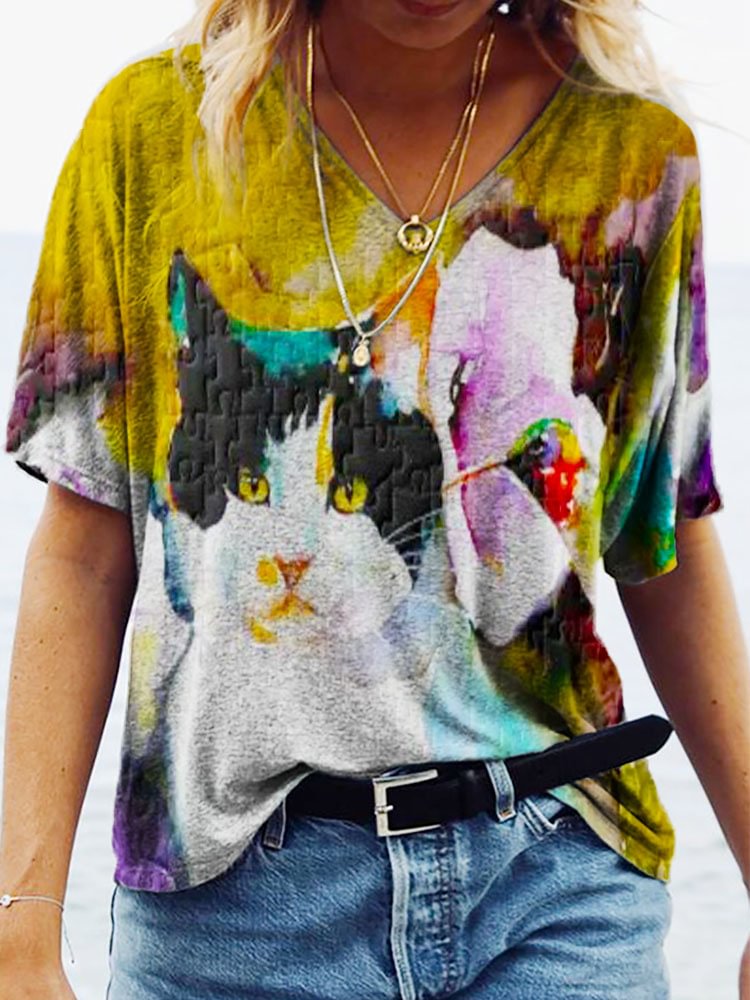 Vefave Cat Print Jigsaw V Neck T Shirt