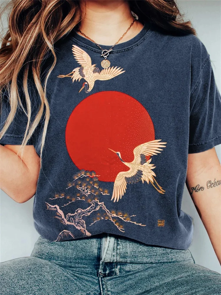 Cranes & Sunrise Japanese Art Vintage Washed T Shirt / DarkAcademias /Darkacademias