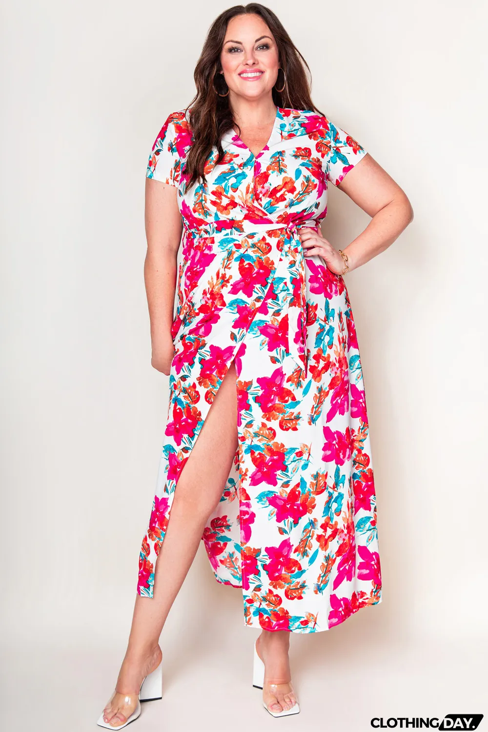 Rose Plus Size Floral Print Wrap Slit Dress