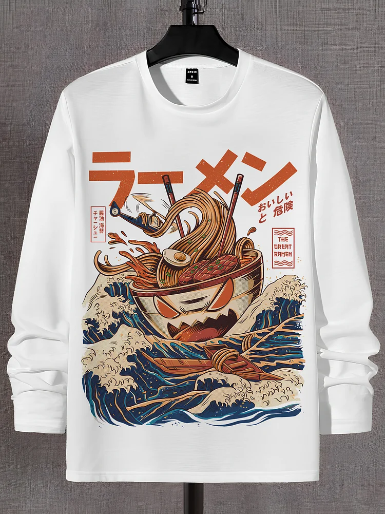 100% Cotton Men's Sea Wave Ramen Japanese Art Print Long Sleeve Casual T-Shirt