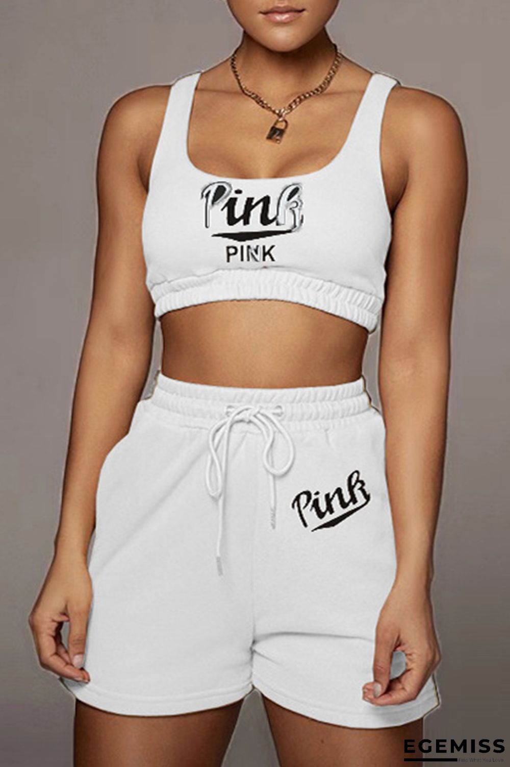 White Casual Sportswear Letter Print Basic U Neck Sleeveless Two Pieces | EGEMISS
