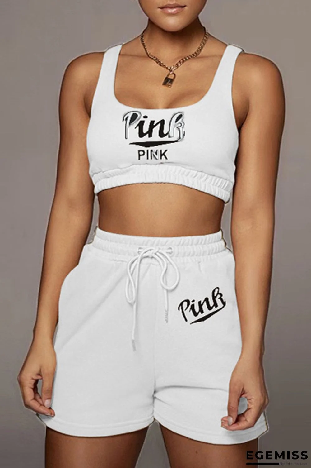 White Casual Sportswear Letter Print Basic U Neck Sleeveless Two Pieces | EGEMISS