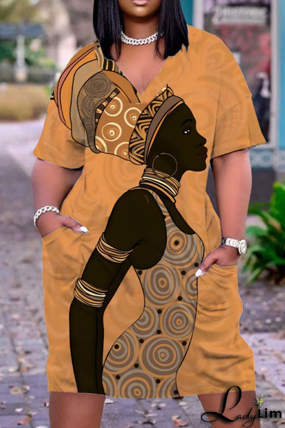 Red Casual Print Patchwork V Neck Straight Dresses