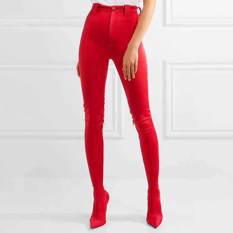 Red Fashion Pant Boots Sexy Stiletto Heels Satin Legging Boots |FSJ Shoes