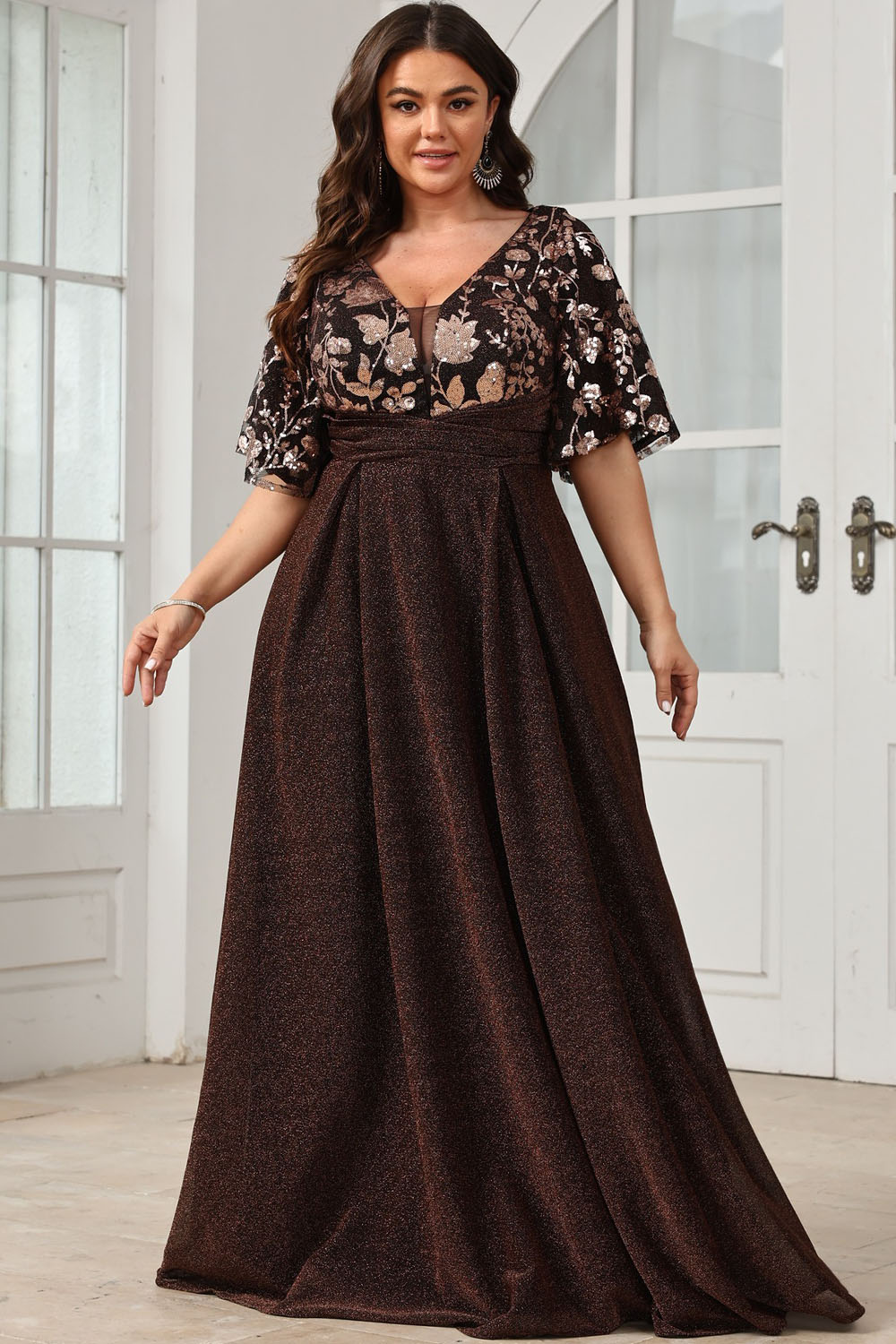 Plus Size Wedding Guest Coffee Sequin Flutter Sleeve Tunic Maxi Dress