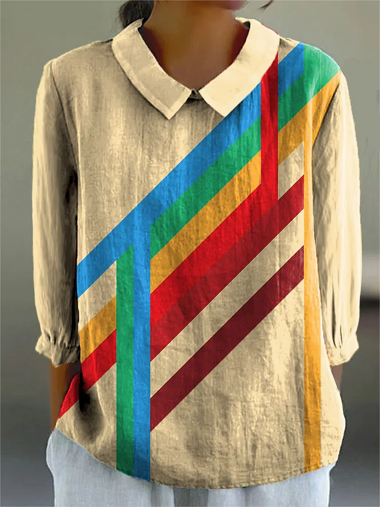 Women's Fashion Color Block Art Print Casual Cotton And Linen 3/4 Sleeve Shirt