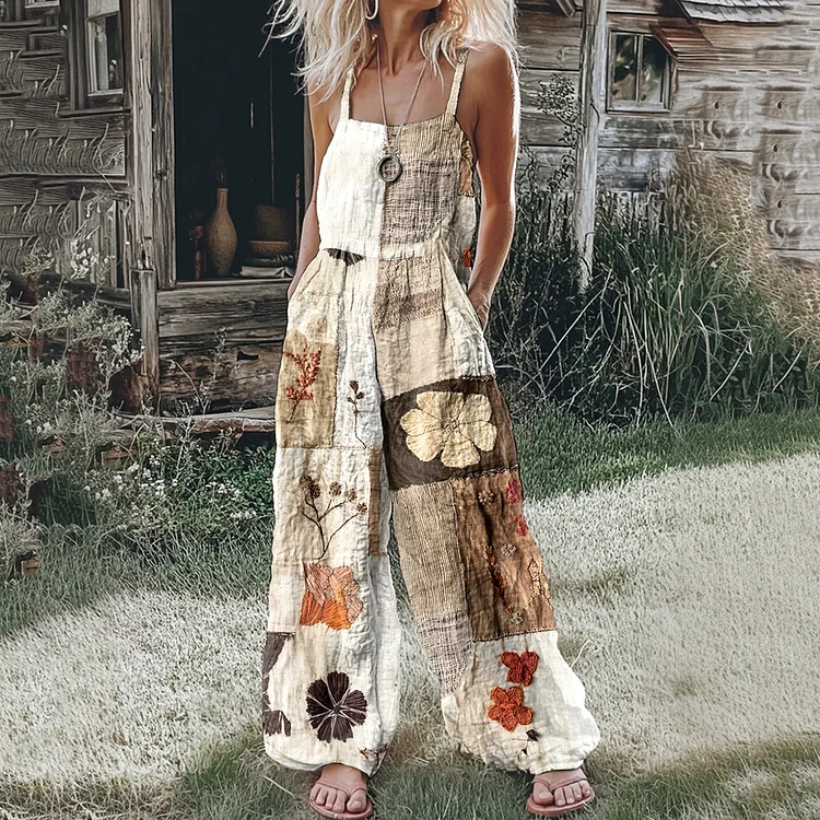 Women's Floral Patchwork Linen Print Linen Jumpsuit