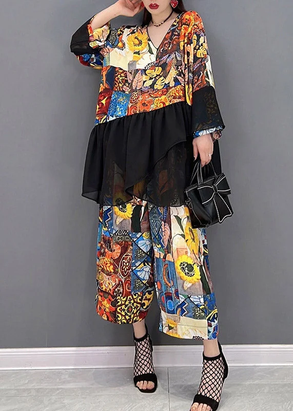 Modern V Neck Print Tulle Patchwork Chiffon Tops And wide leg pants Two Pieces Set