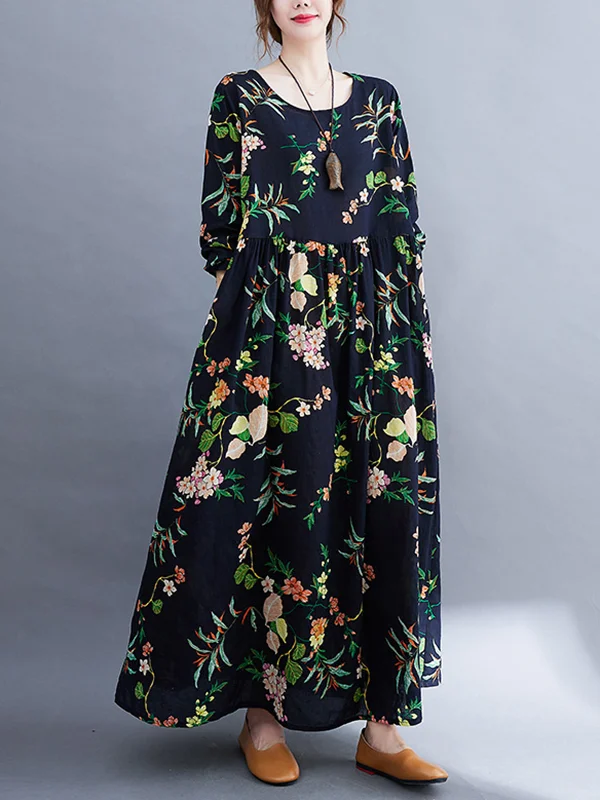Vacation Long Sleeves Loose Floral Printed Round-Neck Maxi Dresses