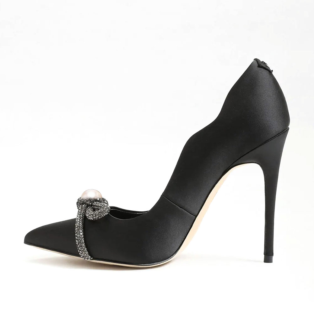 Black Satin Pointed Toe Stiletto Heel Rhinestone Bow Pumps Shoes Nicepairs