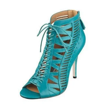 Teal Lace Up Peep Toe Summer Booties Stiletto Heel Shoes Vdcoo