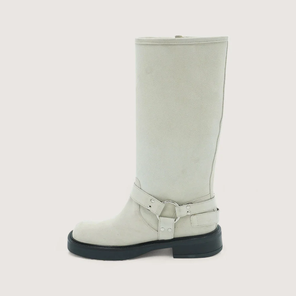 Buckle Strap Motorcycle Shoes Chunky Heel Mid-Calf Boots in White