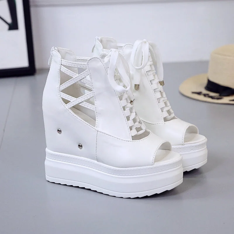 Summer Height Increasing Ankle Boots For Women Hollow Out Pep Toe Shoes Woman Fashion Cross Strap Chunky Platform Booties