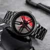 New Car Wheel Rim Watch With Scroll Creative Fashion Analog Watch, Black Dial Zinc Alloy Case Men's Watch, Stainless Steel Black Strap, Quartz Movement, Waterproof And Scratch-Resistant