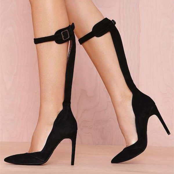 Black Stiletto Heels Back up Pointy Toe Mid Calf Strap Pumps |FSJ Shoes