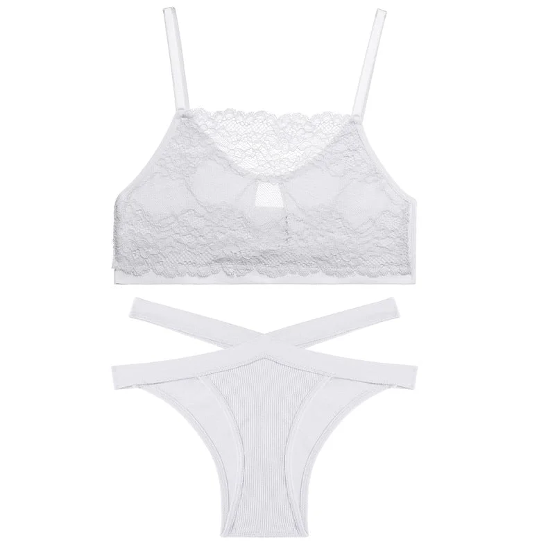 FINETOO Lace Hollow Out Bra Set Women Sexy Wireless Tops Soft Brazilian Panties Fashion Tube Top Low Waist Underpants Lingerie