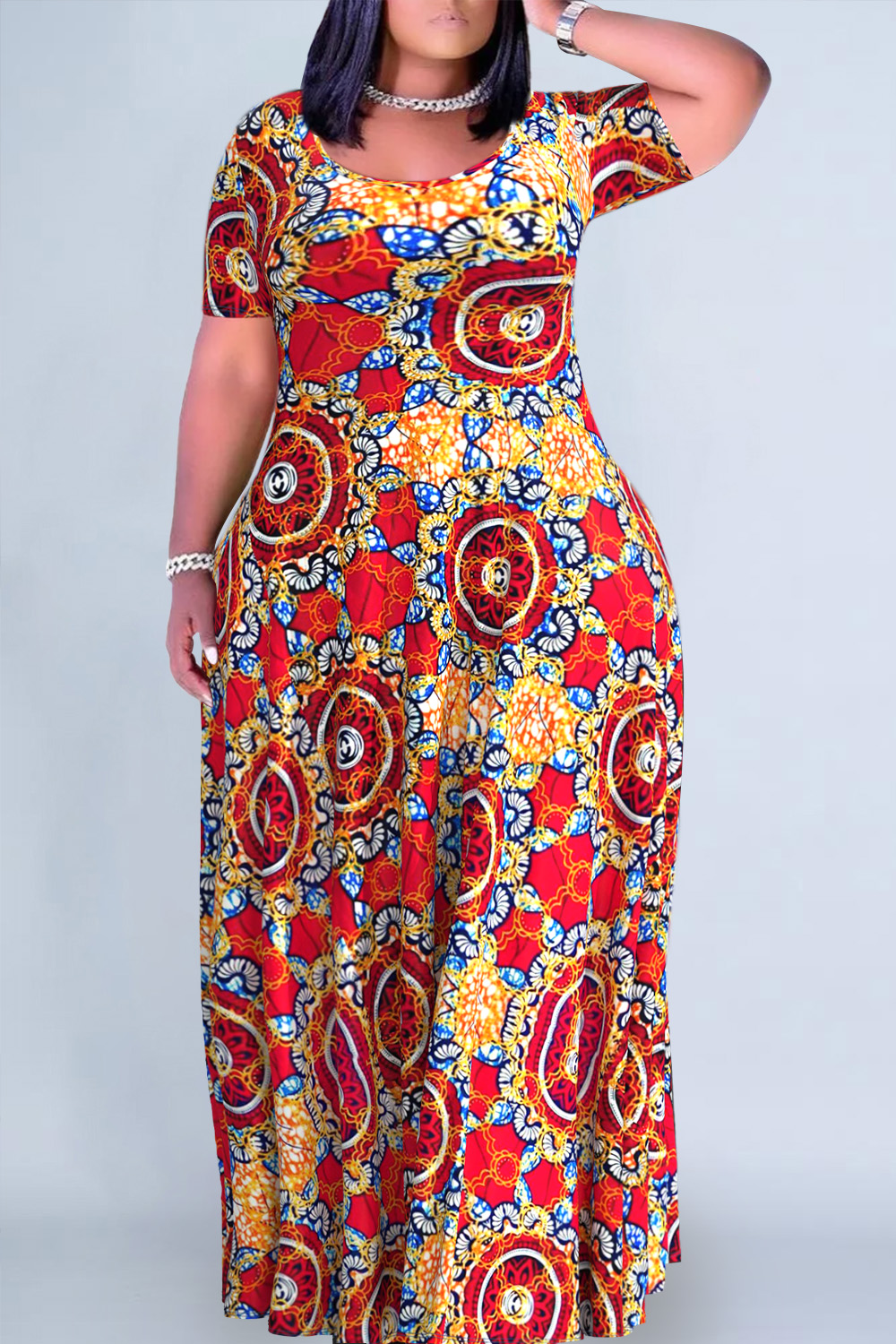 Plus Size Casual Red All Over Print Round Neck Short Sleeve Maxi Dress [Pre-Order]