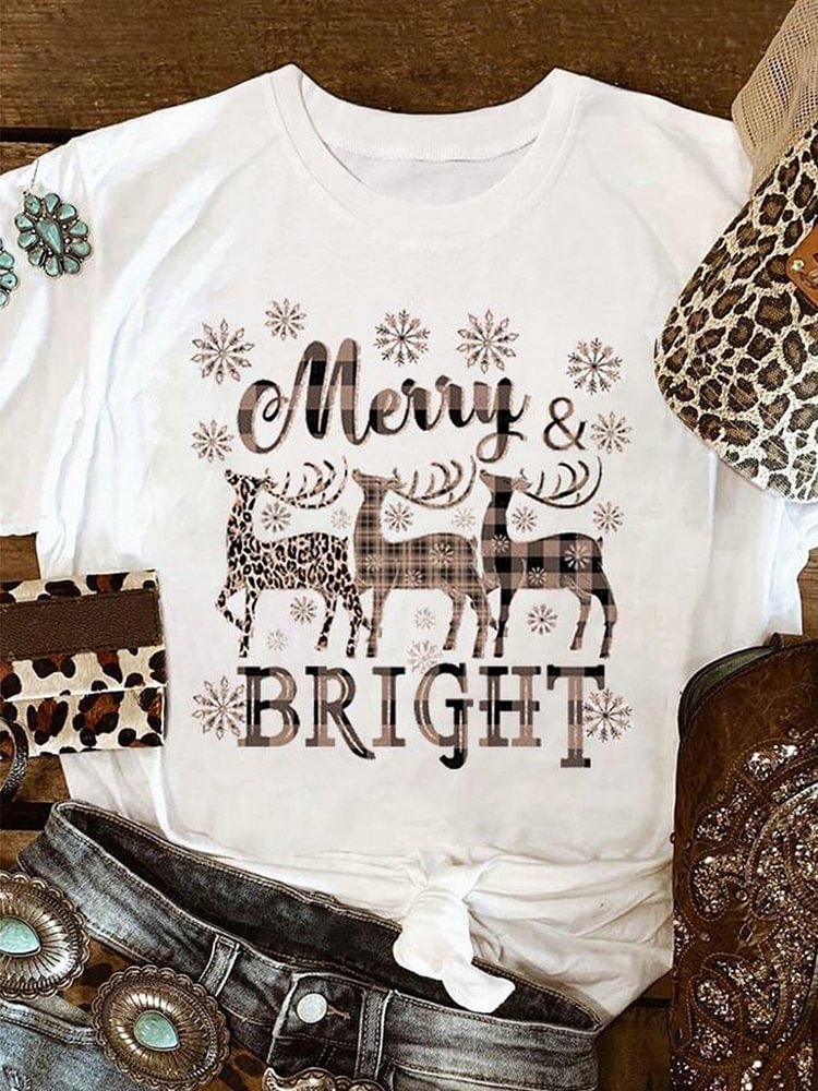 Bestdealfriday Christmas Snowflake Leopard Plaid Reindeer Merry Bright T-Shirt