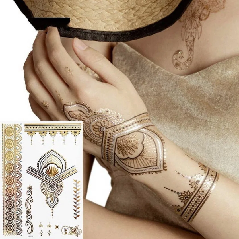Women Body Art Gold Silver Metallic Tattoo Sticker Chain Bracelet Fake Jewelry Waterproof Temporary Tattoo Arm Sleeve Hand Wrist