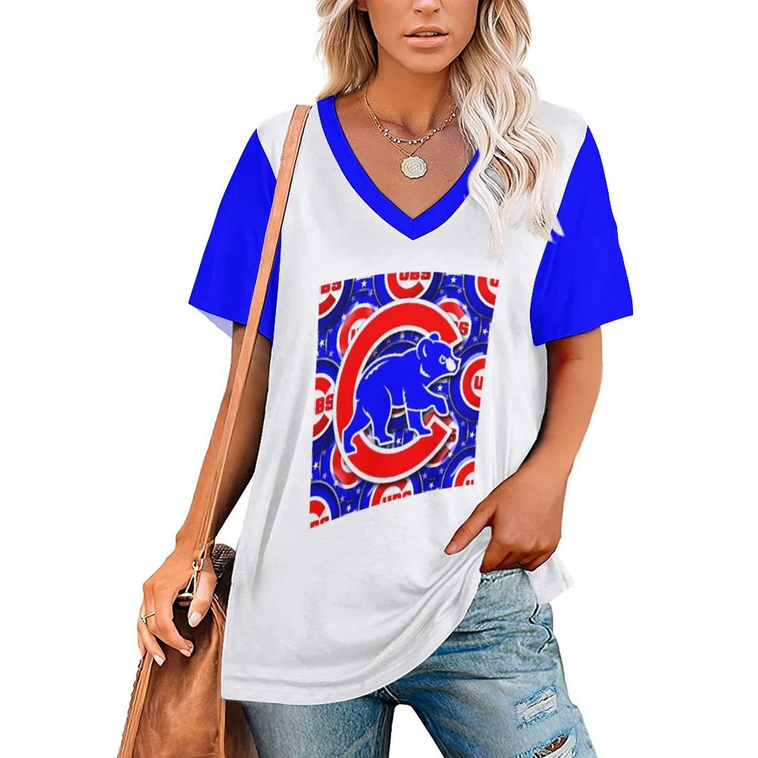 V-neck Short Sleeve Casual T-shirt for  Women Printed with Pattern,Blue,Red