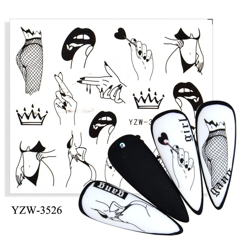 1 Sheet 3D Stickers For Nails Black Letter Leaf Flower Patterns Slider Nail Art Manicure Adhesive Tips Decals DIY Decorations-Nail Inspo