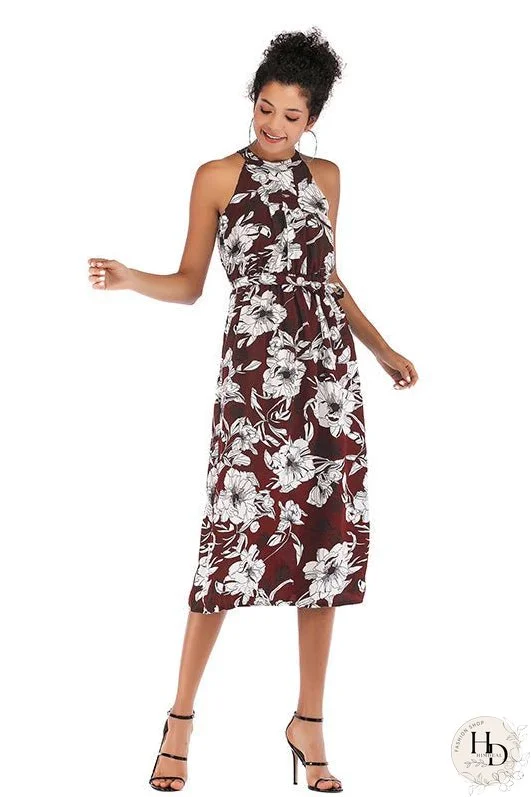 Floral Tie Front Elastic Waist Chiffon Dress