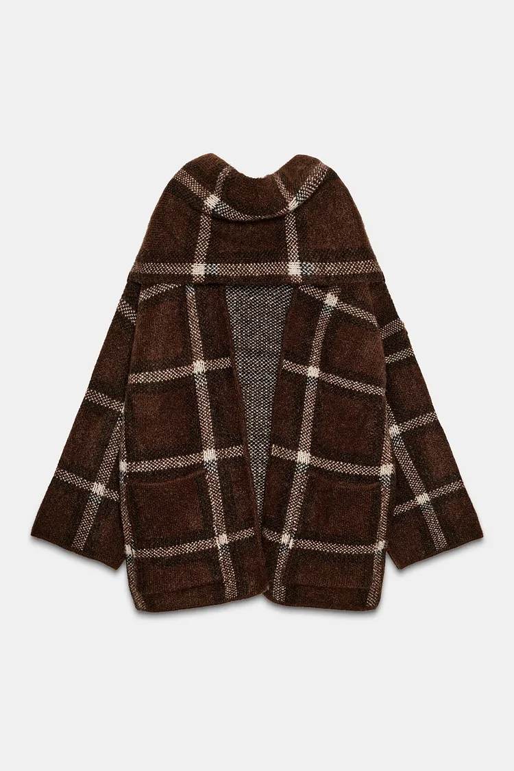 SHORT CHECK KNIT COAT WITH SCARF DETAIL