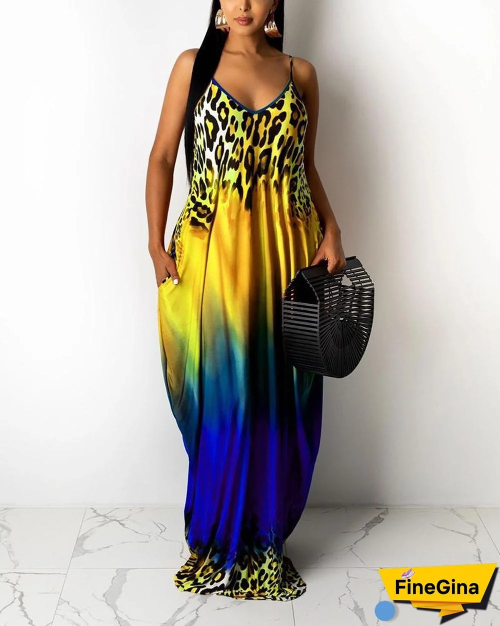 Gradient Color Block Splicing Leopard Print Sling Loose Maxi Dress P12163