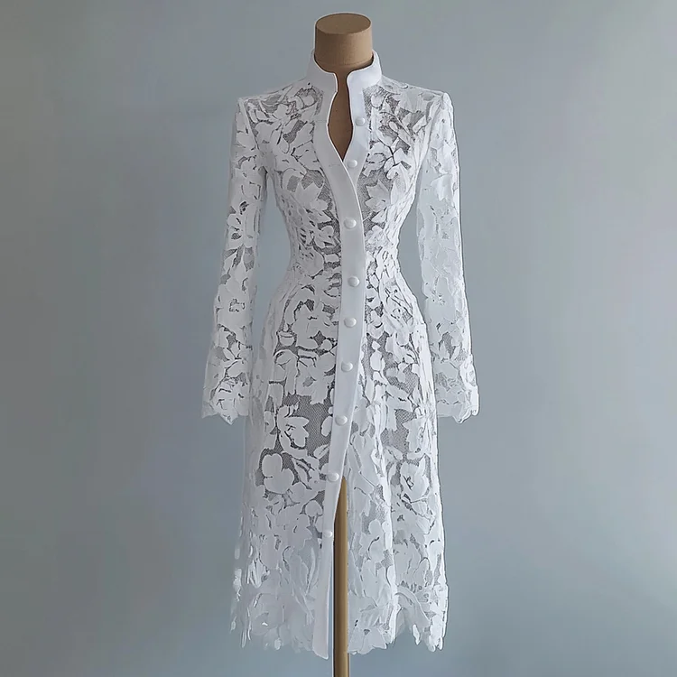 Ursime Lace Stand Collar Button Long Sleeve Coat Midi Dress