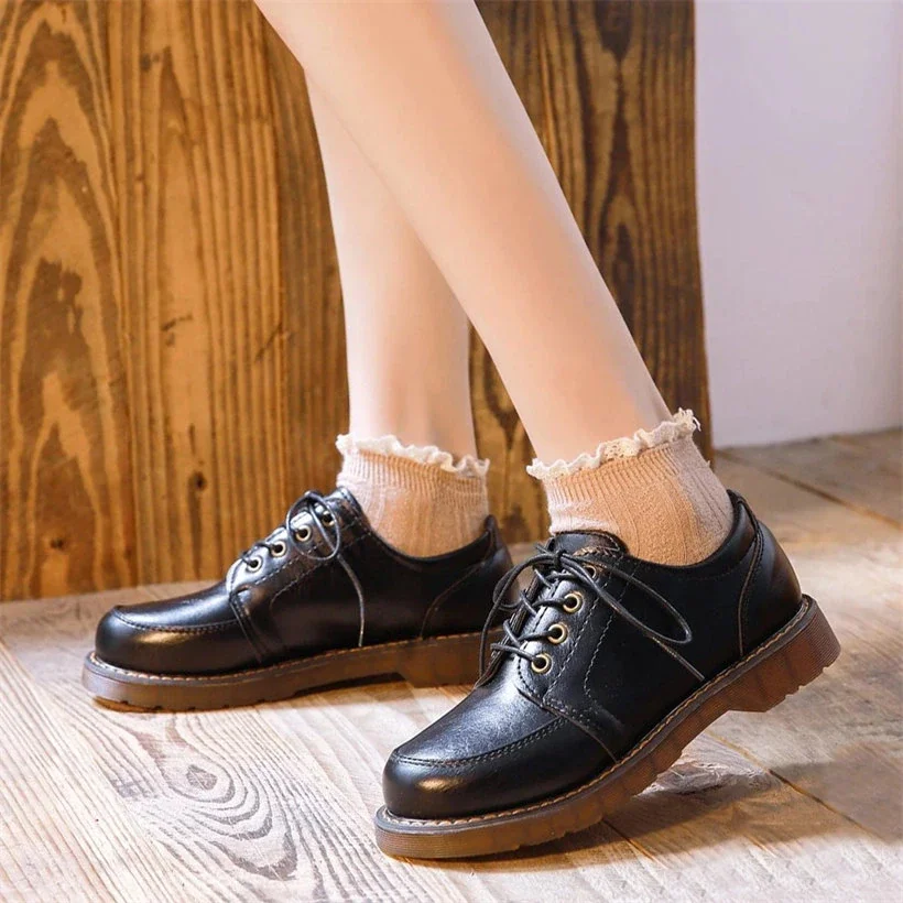 Qengg Women Platform Oxford Shoes 2022 Autumn Vintage Brown Leather black Lace Up Women Fashion Loafer Shoes Black Oxford Shoes