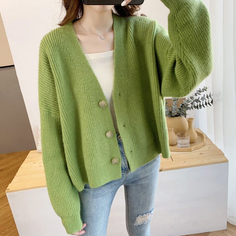 Women Short Cardigan Knitted Sweater Oversize 3XL Solid Single Breasted New Fashion V-neck Long Sleeve Jumpers Elegant All-match