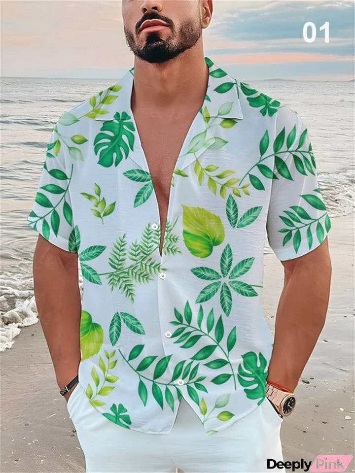 Summer Short Sleeve Lapel Leaf Print Men's Vacation Shirts