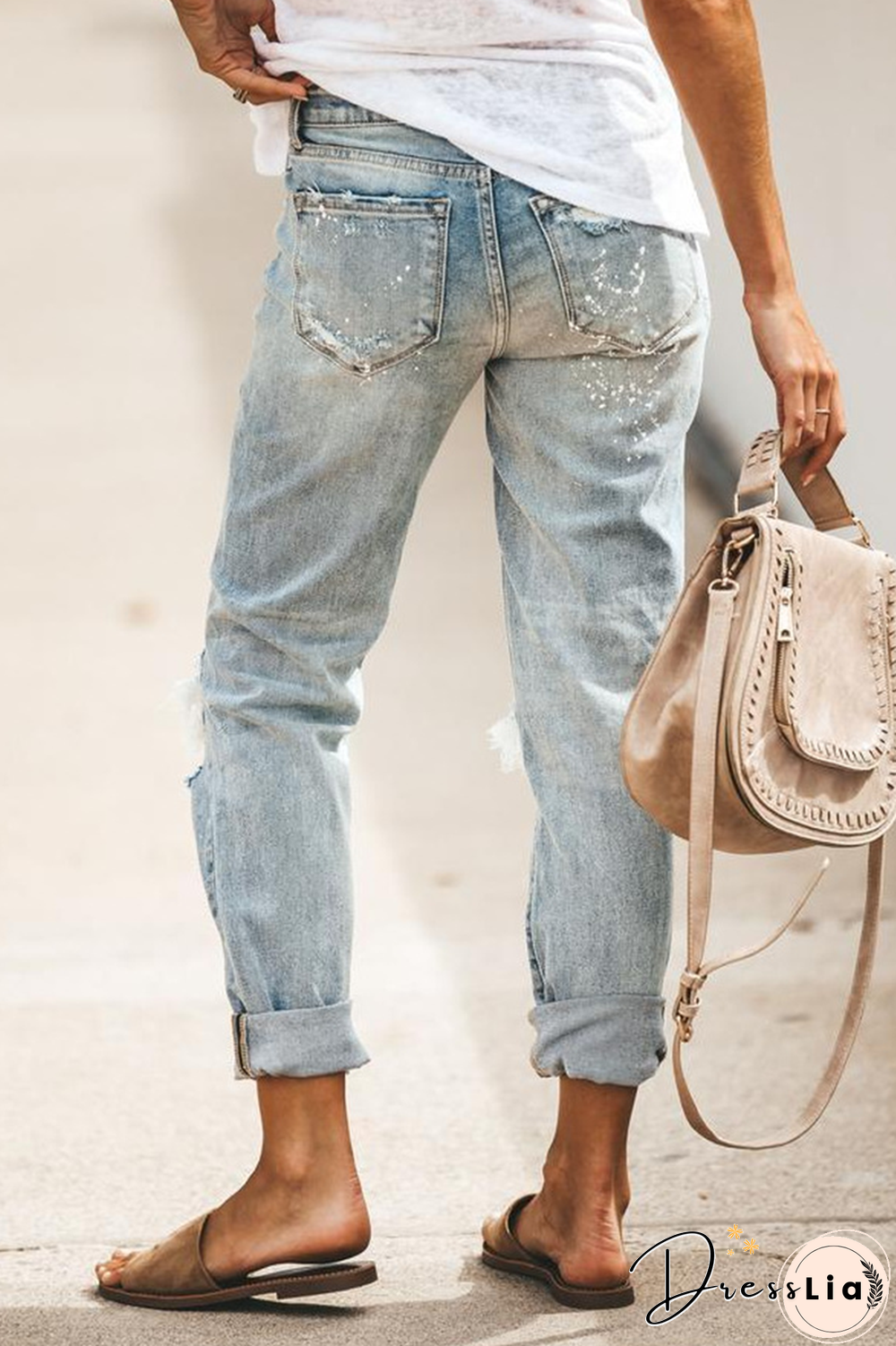 Street Print Tassel Ripped Mid Waist Straight Bottoms