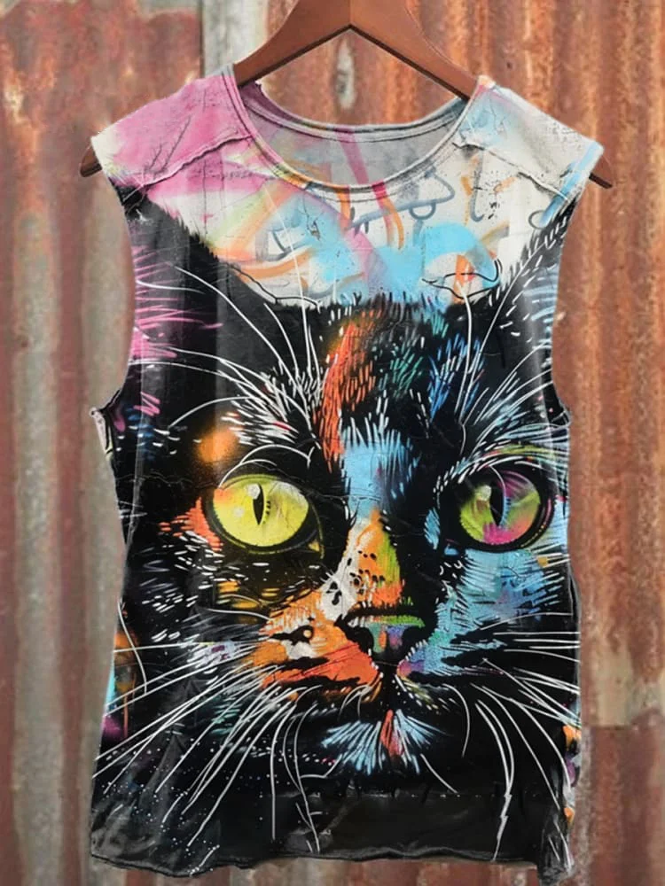 Teecade Teecade Unisex Cat Pop Art Illustration Print Casual  Tank Top
