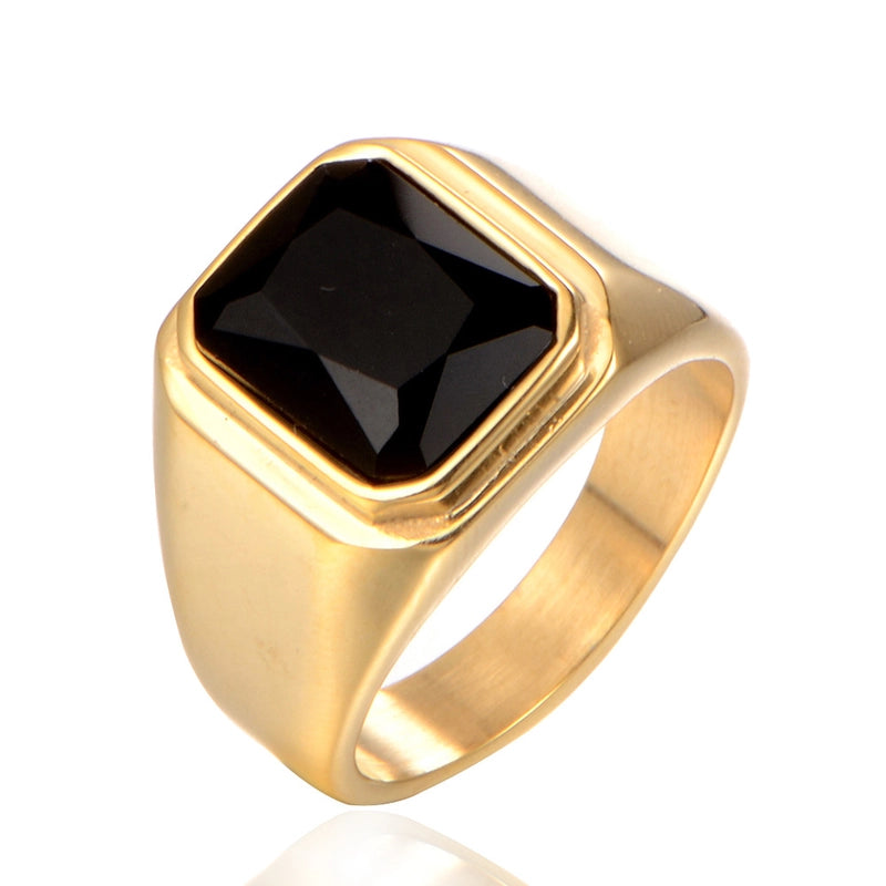 Retro Square Titanium Steel Inlay Gem Glass Stone 18K Gold Plated Men’S Rings