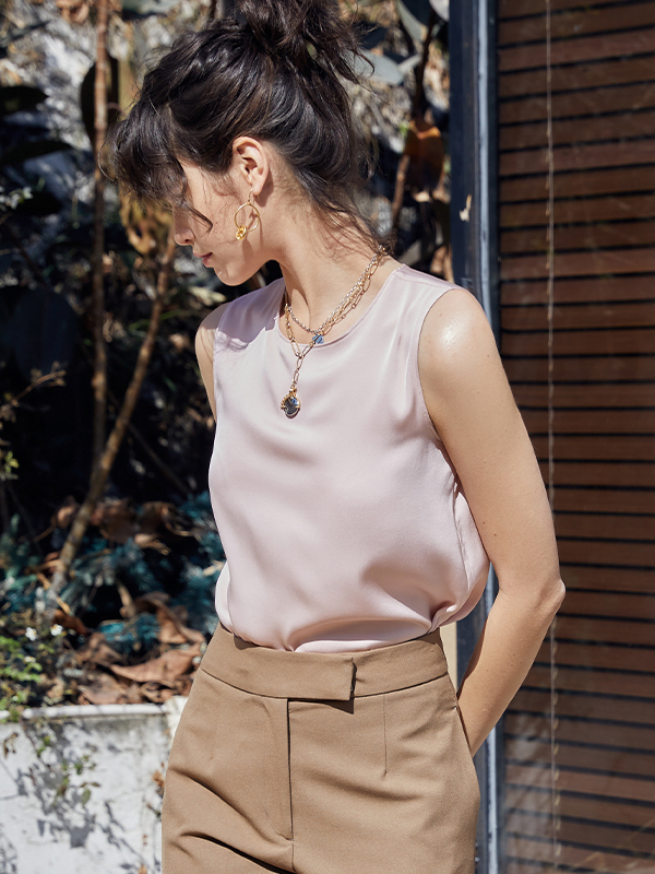 Pink Silk Camisole Sleeveless Loose Style