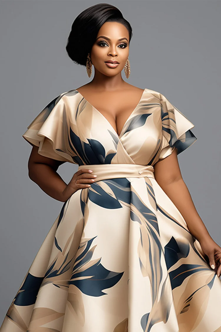 Xpluswear Design Plus Size Mother Of The Bride Champagne Floral Wrap Neck Short Sleeve Elegant Satin Maxi Dresses