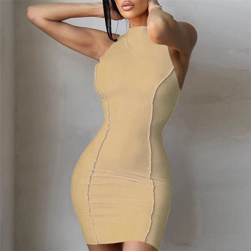 Cryptographic Fashion Outfit 2021 Summer Round Neck Mini Dress Bodycon Sleeveless Backless Club Party Dress Knitting Solid