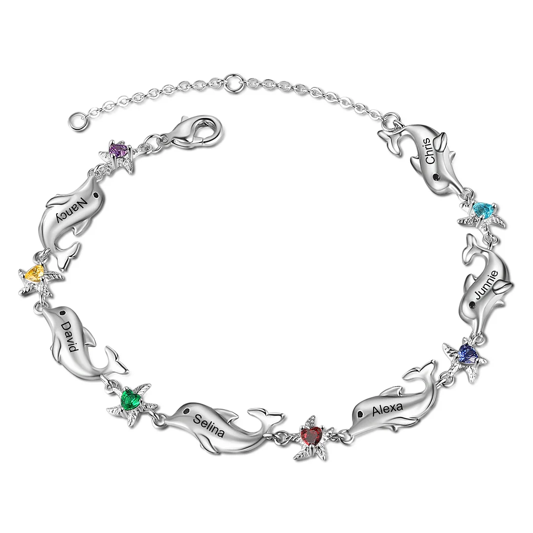 Dolphin Starfish Bracelet Personalized 6 Birthstones Names Women Bracelet