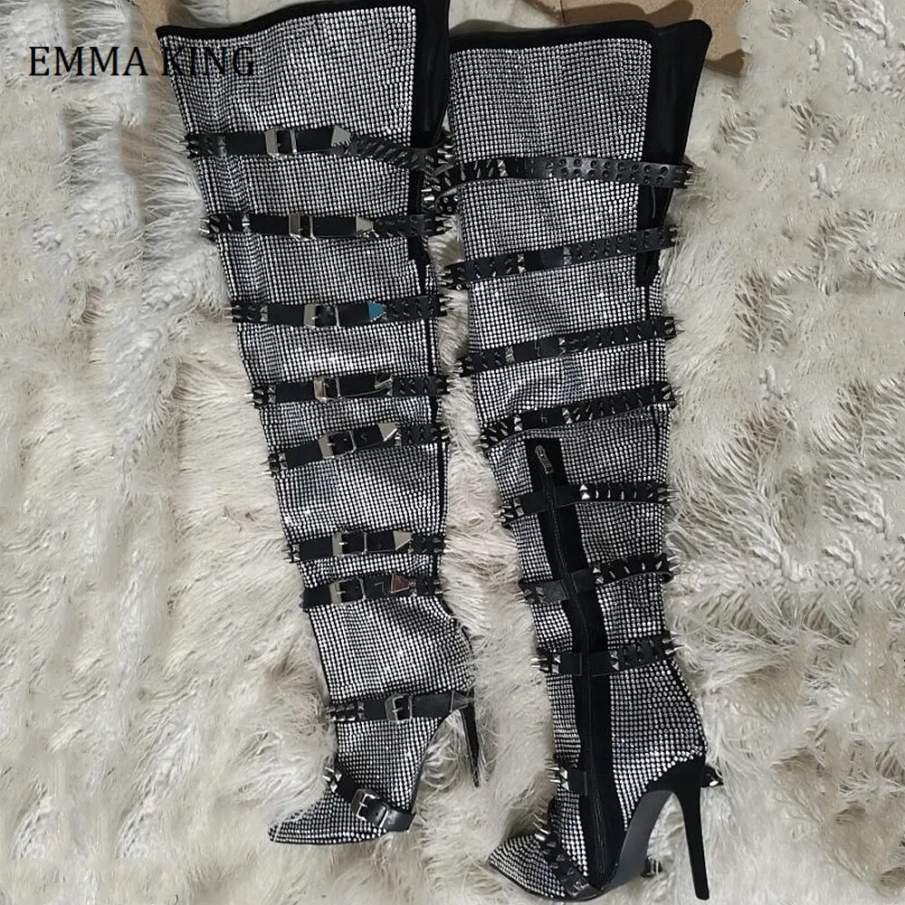 VCSHOES Women Rhinestone Thigh High Boots Pointed Toe Metal Stiletto Heels Over-the-knee Boots Ladies Long Boots